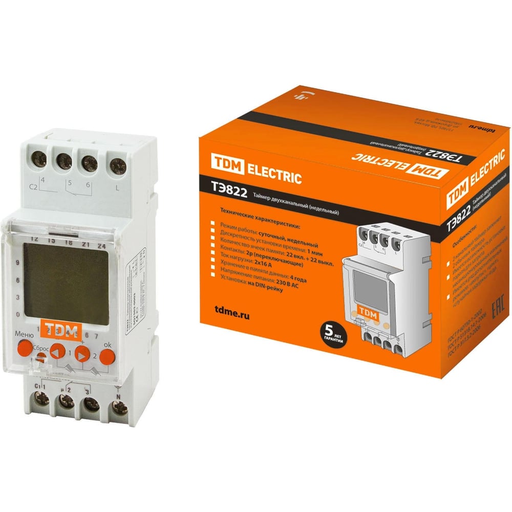 Изображение товара Электронный таймер TDM ELECTRIC ТЭ822-2кан-1мин/7дн-44on/off-16А-DIN SQ1503-0003