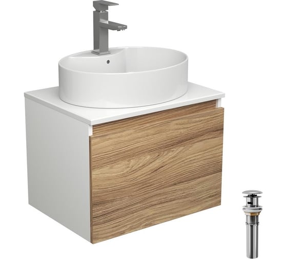 Изображение товара Комплект для ванной Bauedge 4 предмета (тумба подвесная Bau Blackwood 60 + раковина BAU 51x41, с отв. под см-ль, смеситель Hotel Still, нерж. сталь, выпуск) BD2520