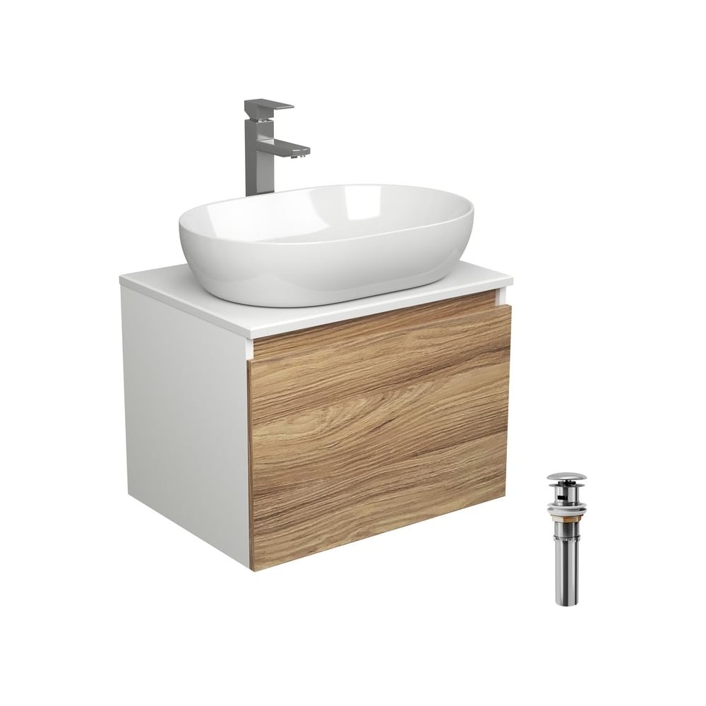 Комплект для ванной Bauedge 4 предмета (тумба подвесная Bau Blackwood 60 + раковина BAU 59x40, смеситель высокий Hotel Still, нерж. сталь, выпуск) BD2494