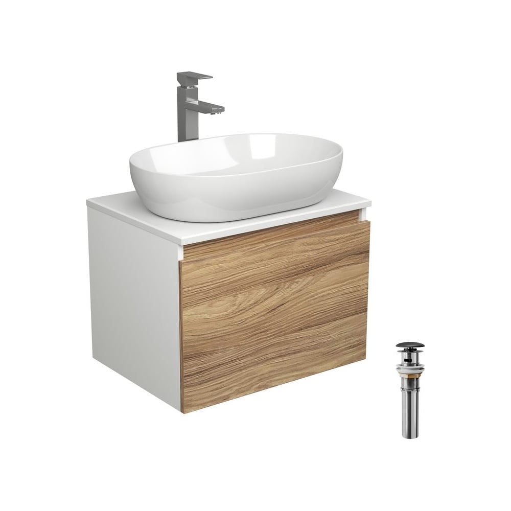 Комплект для ванной Bauedge 4 предмета (тумба подвесная Bau Blackwood 60 + раковина BAU 59x40 + смеситель высокий Hotel Still, нерж. сталь, выпуск черный) BD2493