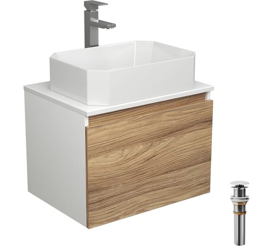 Изображение товара Комплект для ванной Bauedge 4 предмета (тумба подвесная Bau Blackwood 60 + раковина BAU Hotel 51x37 + смеситель Hotel Still, нерж. сталь, выпуск белый) BD2485