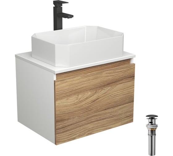 Изображение товара Комплект для ванной Bauedge 4 предмета (тумба подвесная Bau Blackwood 60 + раковина BAU Hotel 51x37 + смеситель высокий Hotel Black, черный, выпуск черный) BD2486