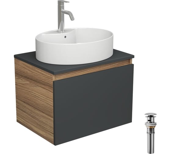 Изображение товара Комплект для ванной Bauedge 4 предмета (Тумба подвесная Bau Blackwood 60 графит + Раковина BAU 51x41, с отв. под см-ль, Смеситель Dream, нерж. сталь, выпуск) BD2687