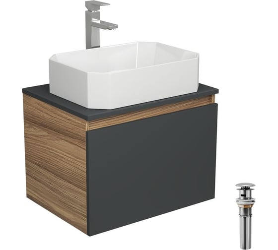 Изображение товара Комплект для ванной Bauedge 4 предмета (тумба подвесная Bau Blackwood 60 графит + раковина BAU Hotel 51x37, смеситель Hotel Still, нерж. сталь, выпуск) BD2648