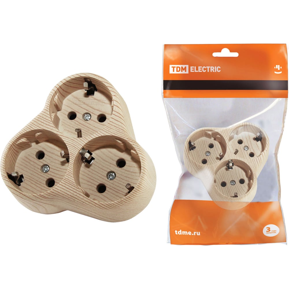 Изображение товара Блок на 3 гнезда TDM ELECTRIC ЭКО сосна 16А 250В