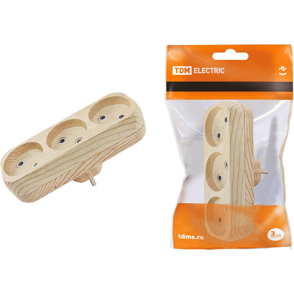 Изображение товара Блок на 3 гнезда TDM ELECTRIC 2П плоский 6А 220В сосна SQ1806-0075