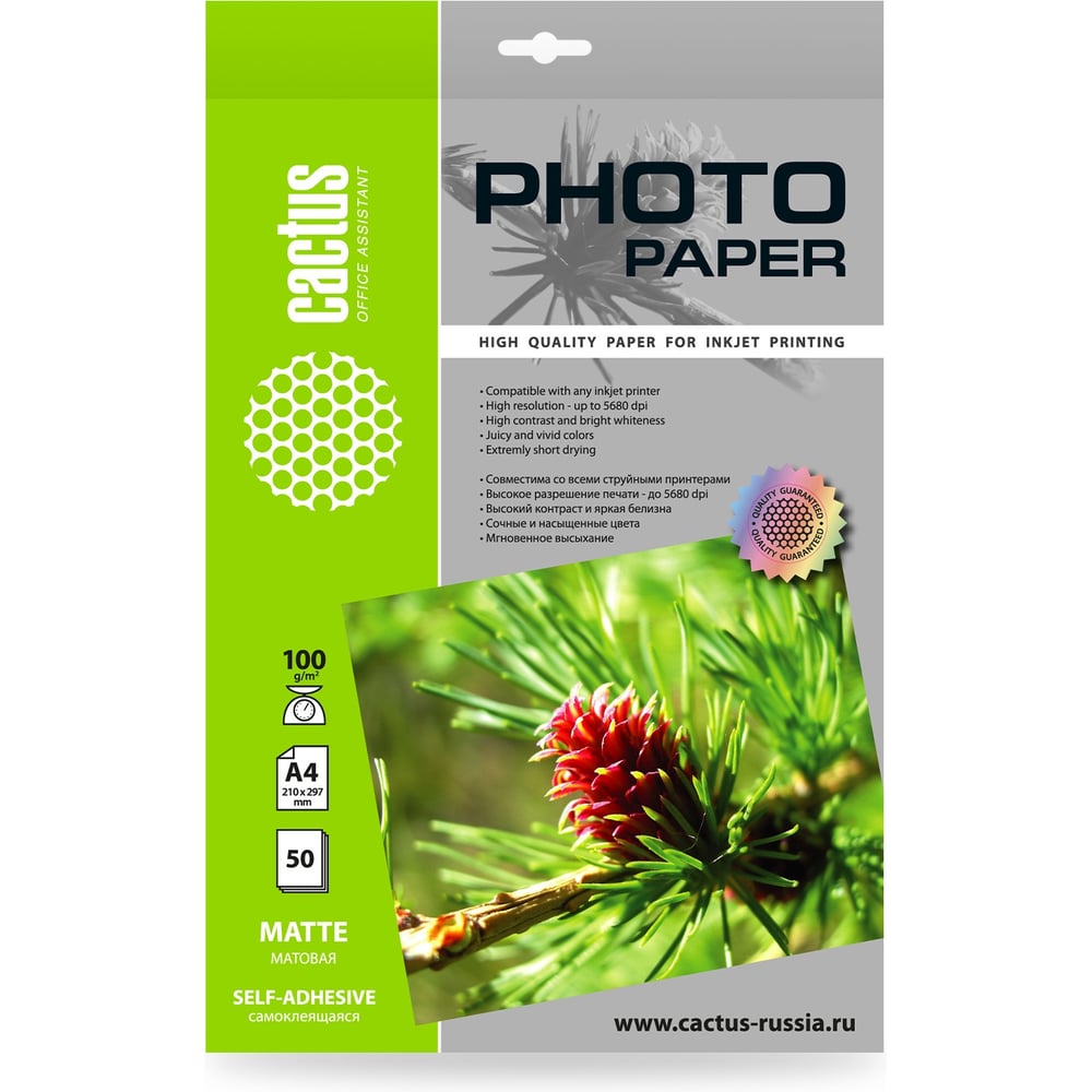 Изображение товара Фотобумага CACTUS CS-MSA410050 А4 100г/м2 матовая самоклеящаяся, 50 листов
