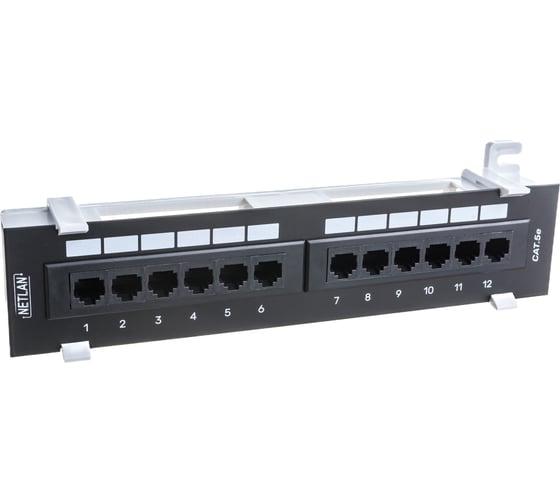 Изображение товара Настенная панель NETLAN 12 портов, категория 5e, RJ45/8P8C, неэкранированный, черная EC-UWP-12-UD2