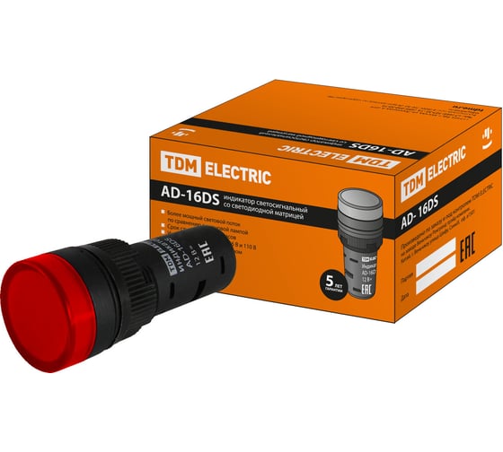 Изображение товара Лампа TDM ELECTRIC AD-16DS LED матрица, d16мм, красный, 12В, AC/DC  SQ0702-0051