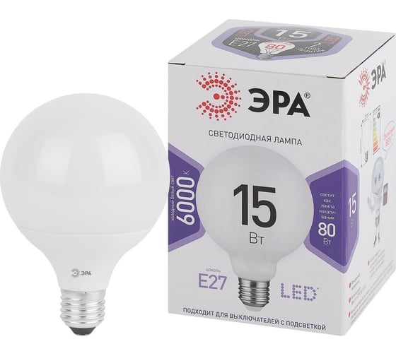 Изображение товара Лампочка светодиодная ЭРА STD LED G9515W6000KE27 E27 / Е27 15Вт шар холодный белый свет Б0049079