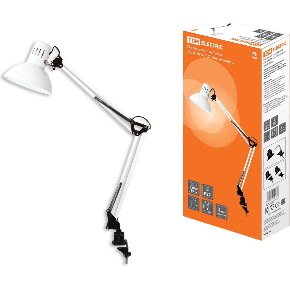 Изображение товара Светильник струбцина TDM ELECTRIC 220V 40Вт E27 белый глянец SQ0337-0030