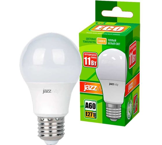 Изображение товара Светодиодная лампа Jazzway PLED-ECO 11Вт A60 грушевидная 3000К теплый белый E27 840лм 230В/50Гц 1033208