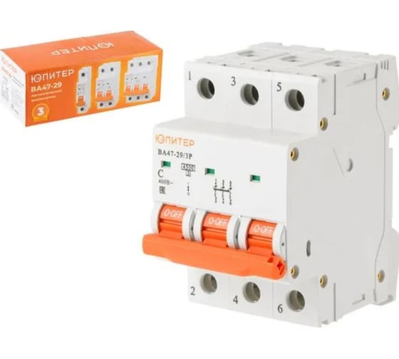 Изображение товара Автоматический выключатель ЮПИТЕР ВА47-29 3Р 63А 4,5кА х-ка С JP7503-63