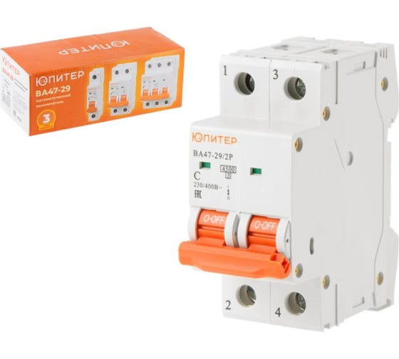 Изображение товара Автоматический выключатель ЮПИТЕР ВА47-29 2Р 16А 4,5кА х-ка С JP7502-16