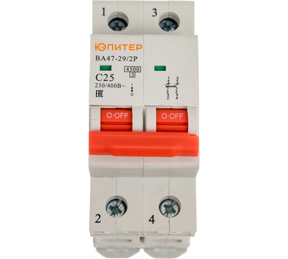Изображение товара Автоматический выключатель ЮПИТЕР ВА47-29 2Р 25А 4,5кА х-ка С JP7502-25