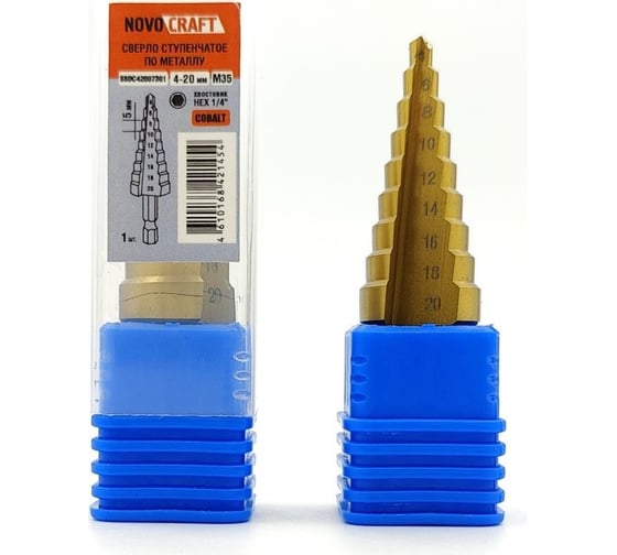 Изображение товара Сверло ступенчатое по металлу 4-20 мм, Cobalt M35 с титановым напылением, 73 мм Novocraft SSDC42007201 SSDC42007301