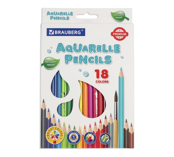 Изображение товара Карандаши акварельные цветные BRAUBERG 18 ярких цветов, Premium, комплект 880549