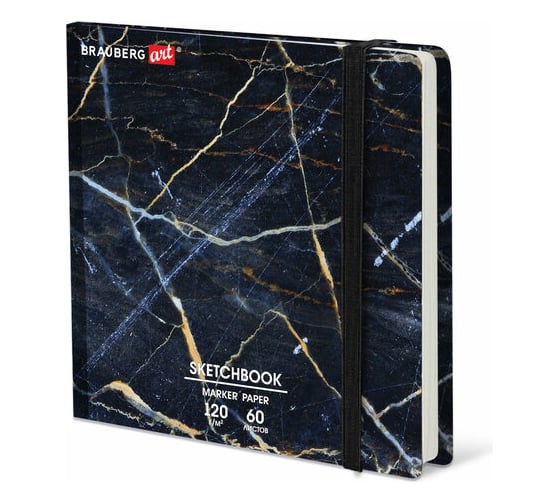 Изображение товара Скетчбук для маркеров BRAUBERG 120 г/м2, 195x195 мм, 60 листов, твердая обложка, резинка, Art, Мрамор 115105