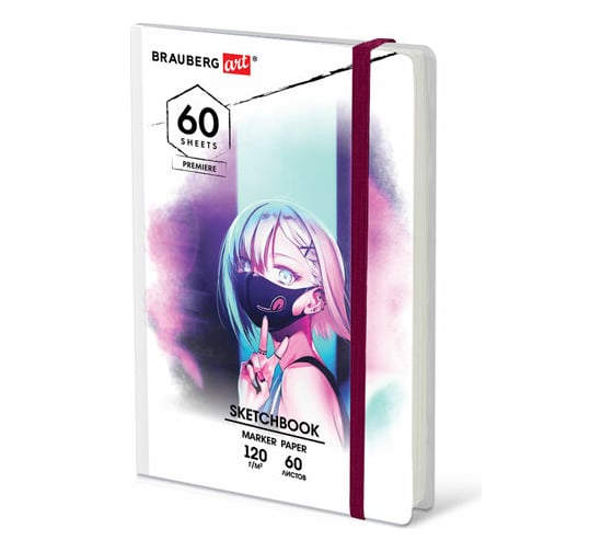Изображение товара Скетчбук для маркеров BRAUBERG 120 г/м2, 148x210 мм, 60 листов, твердая обложка, резинка, Art, Аниме 115102