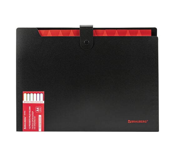 Изображение товара Папка-органайзер BRAUBERG на кнопке 12 отделений, Extra, А4, черная с красным 271934