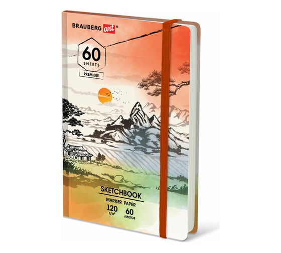 Изображение товара Скетчбук для маркеров BRAUBERG 120 г/м2, 148x210 мм, 60 листов, твердая обложка, резинка, Art, Микс 115103