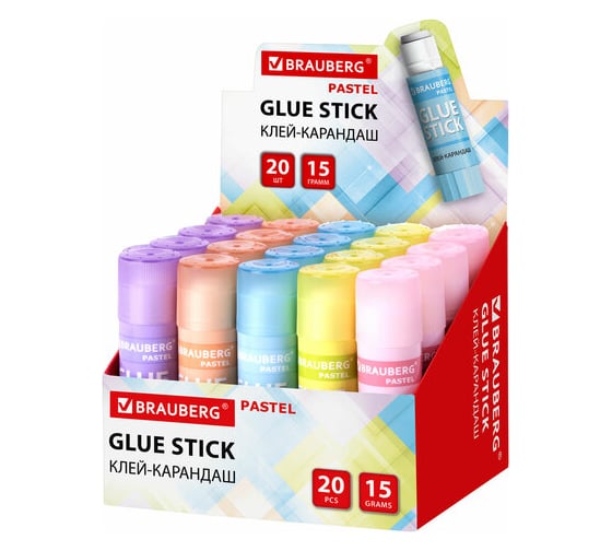 Изображение товара Клей-карандаш в пастельном корпусе Pastel BRAUBERG, 15 г, Pvp-основа, ассорти 20 шт 271249