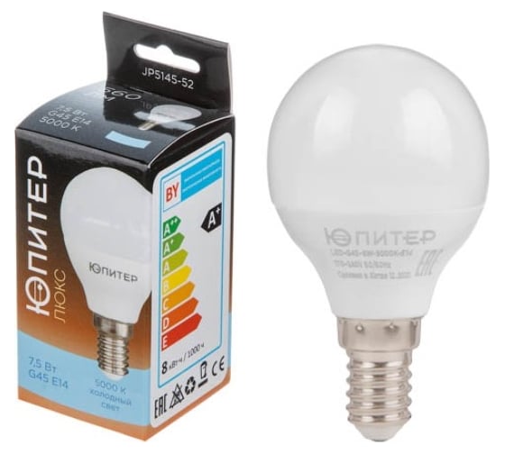 Изображение товара Лампа светодиодная ЮПИТЕР G45 ШАР 7,5 Вт 170-240В E14 5000К ЛЮКС JP5145-52