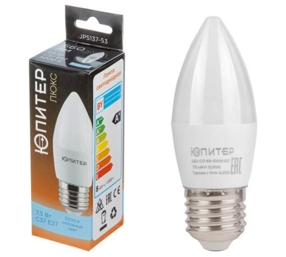 Изображение товара Лампа светодиодная ЮПИТЕР C37 СВЕЧА 7,5 Вт 170-240В E27 5000К ЛЮКС JP5137-53