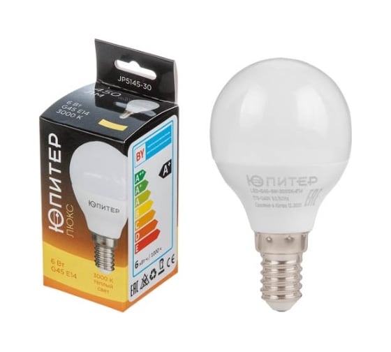 Изображение товара Лампа светодиодная ЮПИТЕР G45 ШАР 6 Вт 170-240В E14 3000К ЛЮКС JP5145-30