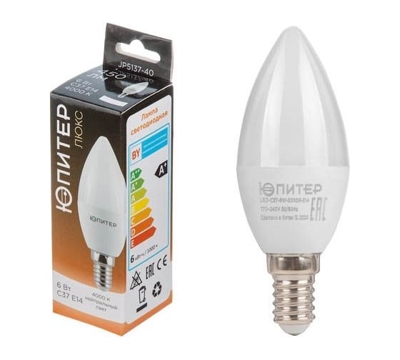 Изображение товара Лампа светодиодная ЮПИТЕР C37 СВЕЧА 6 Вт 170-240В E14 4000К ЛЮКС JP5137-40