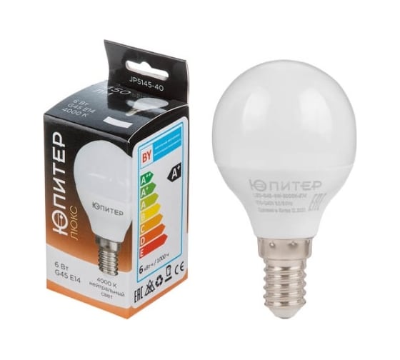 Изображение товара Лампа светодиодная ЮПИТЕР G45 ШАР 6 Вт 170-240В E14 4000К ЛЮКС JP5145-40