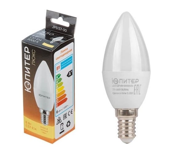 Изображение товара Лампа светодиодная ЮПИТЕР C37 СВЕЧА 6 Вт 170-240В E14 3000К ЛЮКС JP5137-30