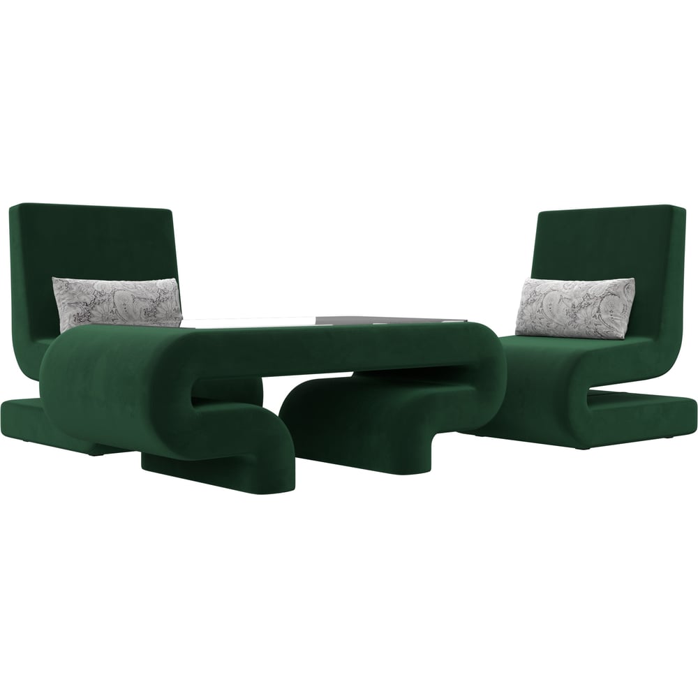 Изображение товара Набор мебельный волна-3 стол и 2 кресла современный зеленый велюр белый каркас