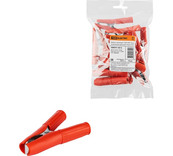 Изображение товара Зажим для проводов (крокодил) ЗКИ 30А TDM ELECTRIC 75мм в изоляции красный упаковка 10 штук SQ0541-0015