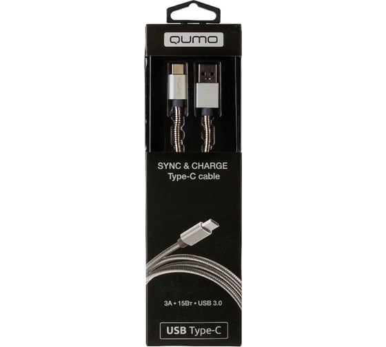 Изображение товара Кабель QUMO USB 3.0-Type C, 1м, 5/9/12В, 3A, 18Вт, оплетка, металлическая пружинка, коннектор металл, серебро 22478