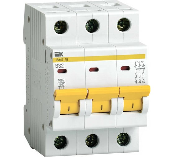 Изображение товара Автоматический модульный выключатель IEK 3п B 32А ВА 47-29 4.5кА ИЭК MVA20-3-032-B