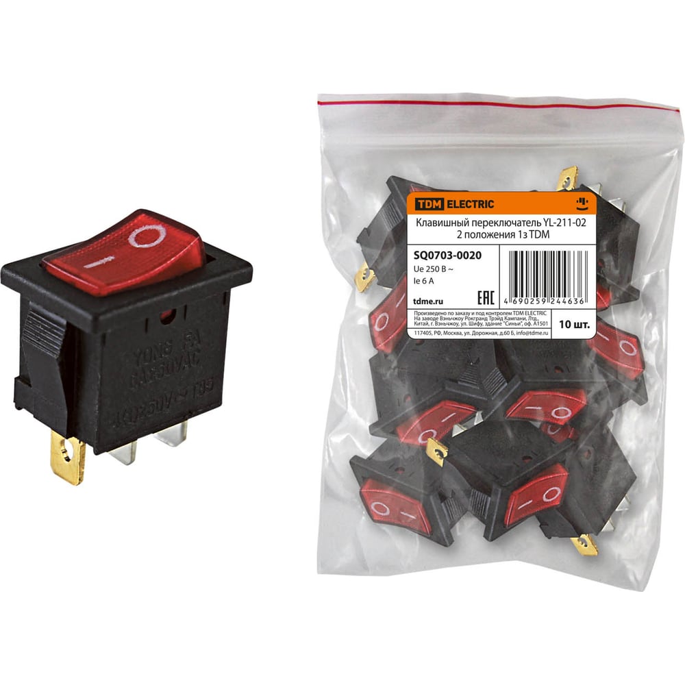 Изображение товара Клавишный переключатель TDM YL-211-02, черный корпус, красная клавиша, 2 положения, 1з SQ0703-0020