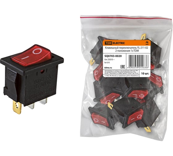 Изображение товара Клавишный переключатель TDM YL-211-02, черный корпус, красная клавиша, 2 положения, 1з SQ0703-0020