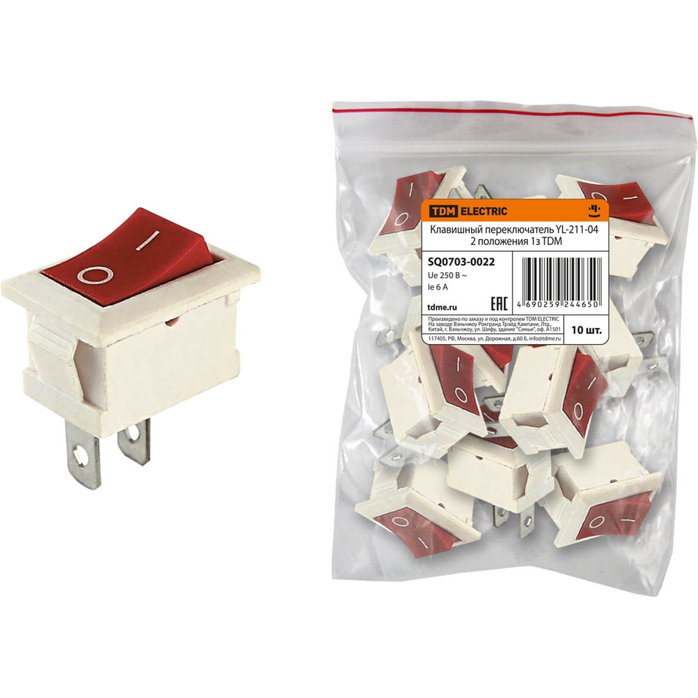 Изображение товара Клавишный переключатель TDM YL-211-04 белый корпус красная клавиша 2 положения