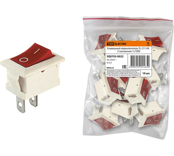 Изображение товара Клавишный переключатель TDM YL-211-04, белый корпус, красная клавиша, 2 положения, 1з SQ0703-0022