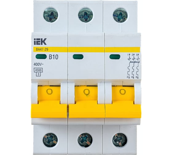 Изображение товара Автоматический модульный выключатель IEK 3п B 10А ВА 47-29 4.5кА ИЭК MVA20-3-010-B