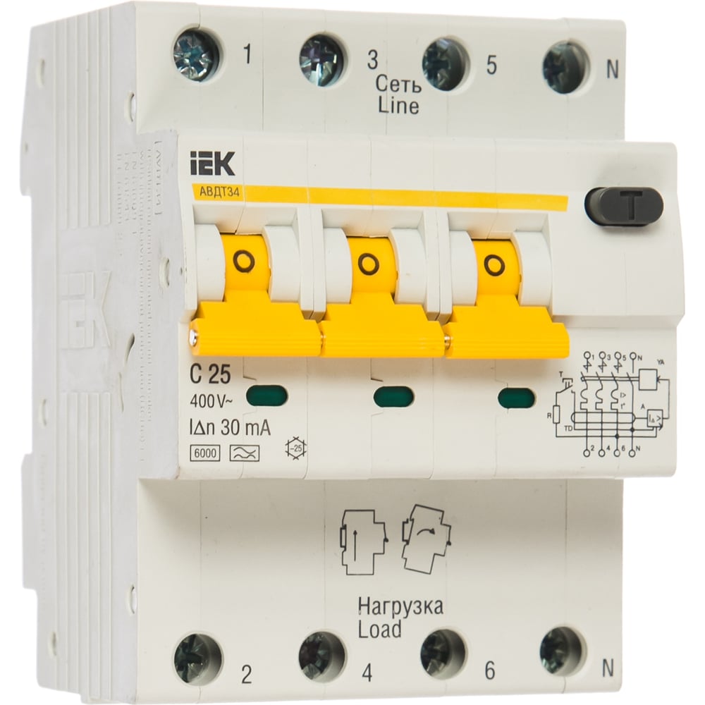 фото Автоматический выключатель дифференциального тока iek 3п+n 2модуля c 25a 30ma тип a 6ka авдт-34 иэк mad22-6-025-c-30