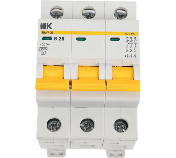 Изображение товара Автоматический модульный выключатель IEK 3п B 20А ВА 47-29 4.5кА ИЭК MVA20-3-020-B