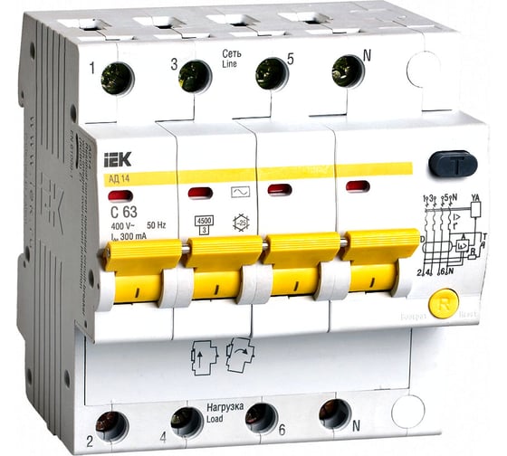 Изображение товара Автоматический дифференциальный выключатель тока IEK 4п 7.5модулей C 63A 300mA тип AC 4.5kA АД-14 ИЭК MAD10-4-063-C-300