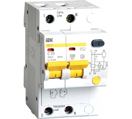 Изображение товара Автоматический дифференциальный выключатель тока IEK 2п 3.5модуля C 25A 10mA тип AC 4.5kA АД-12 ИЭК MAD10-2-025-C-010