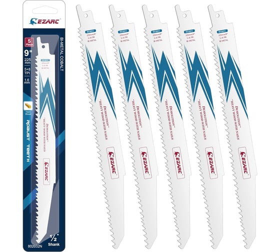 Изображение товара Полотна BiM с кобальтом для сабельной пилы по древесине с гвоздями и дереву 5/8TPI, 225 мм, 5 шт Ezarc 802032N