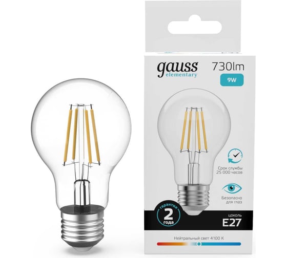 Изображение товара Лампа Gauss Filament Elementary А60 9W 730lm 4100К Е27 LED 1/10/50 22229