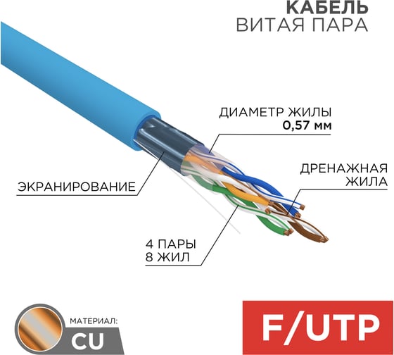 Изображение товара Кабель REXANT витая пара, FTP, 4PR, 23AWG, CAT6, бухта 305 м 01-0147