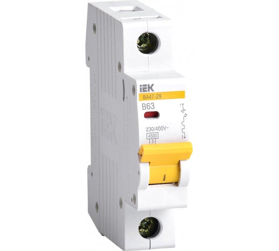 Изображение товара Автоматический модульный выключатель IEK 1п B 63А ВА 47-29 4.5кА ИЭК MVA20-1-063-B