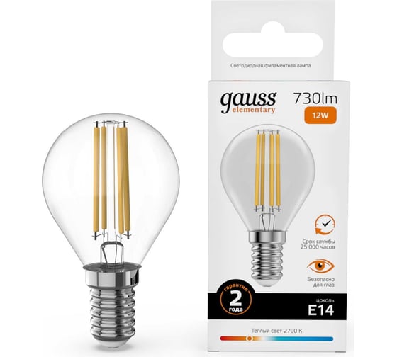 Изображение товара Лампа Gauss Filament Elementary Шар 12W 730lm 2700К Е14 LED 1/10/100 52112